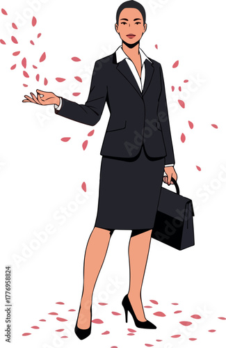 Business Woman In Dark Suit Holds Briefcase Among Falling Pink Petals