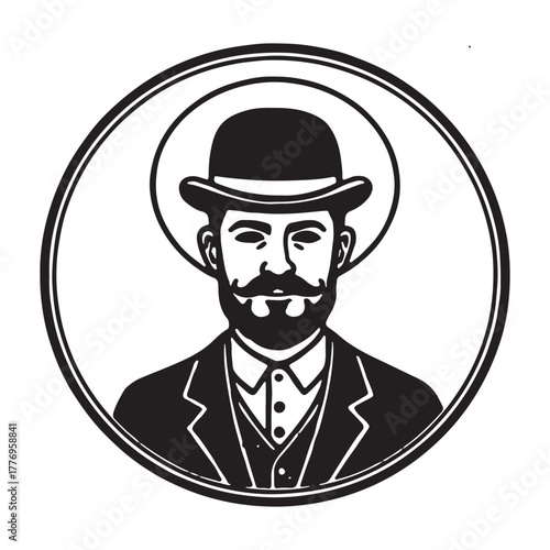 Vintage Gentleman Portrait with Bowler Hat and Thick Beard.