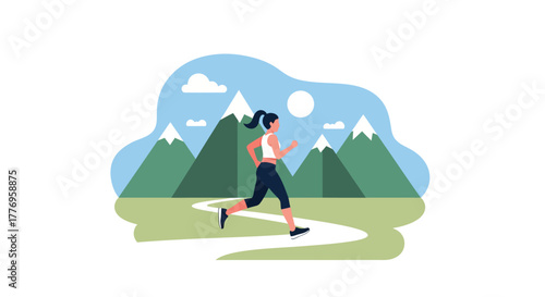 Woman running along winding path in mountainous landscape under bright sun, enjoying peaceful outdoor exercise and fresh air on a clear day.