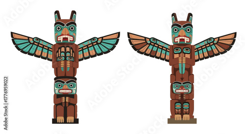 Two totem poles stand side by side each featuring stacked animalhuman figures with wings outstretched