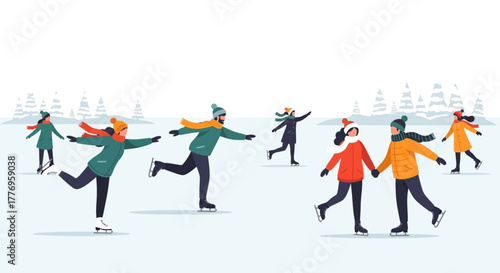 Winter ice skaters glide amongst snowy trees dressed warmly in hats and scarves