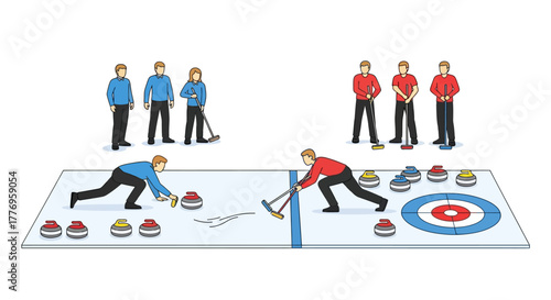 A curling match is underway with players sweeping stones
