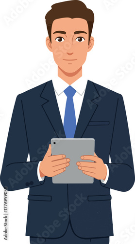 Businessman In Dark Blue Suit Holding Tablet Device White Background