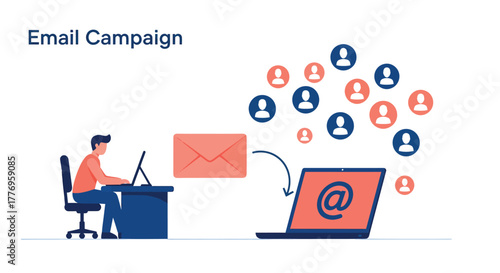 Man sending email campaign to group of people from his laptop in office, representing digital marketing and communication strategy, in modern style.