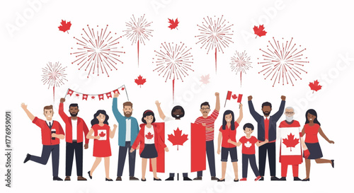 A group of people celebrates under fireworks and maple leaves waving flags with a Canadian flag