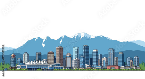 A skyline with multiple buildings in front of large mountains