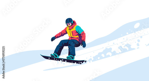 A snowboarder in a colorful jacket rides on a snowy slope