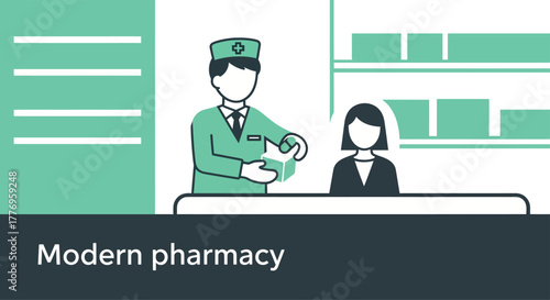 Pharmacist assisting customer at pharmacy counter in modern store with shelves and clean aesthetic, conveying trust and healthcare professionalism.