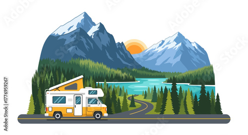 An RV travels on a road surrounded by mountains a lake and a forest