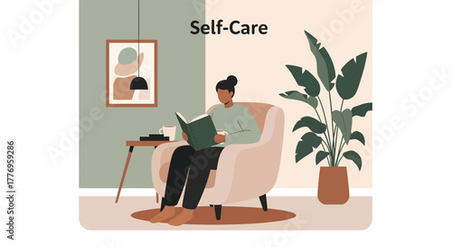 Woman reading book in cozy armchair at home, enjoying quiet time and selfcare in peaceful and relaxing atmosphere.