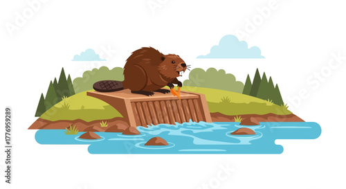 Brown beaver on a wooden dam gnawing a piece of wood in a watery landscape with green trees and rocks