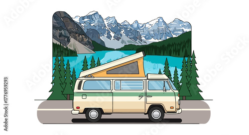 A vintage camper van is parked against a backdrop of mountains a lake and evergreen trees