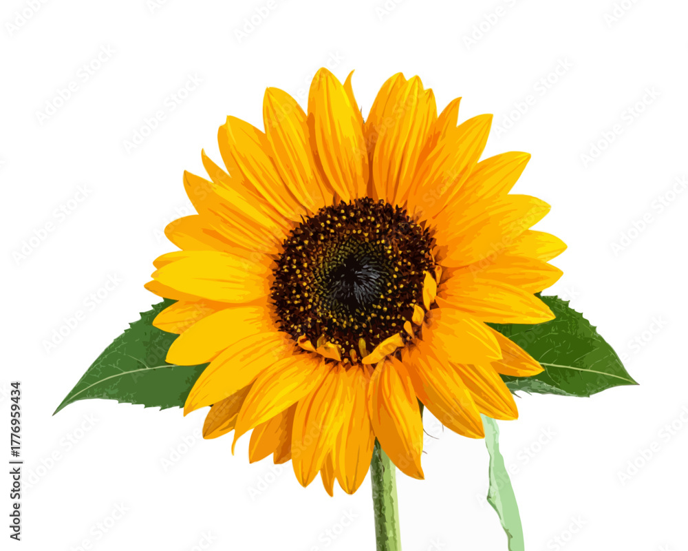 Obraz premium Vibrant Single Sunflower Isolated on White Background with Green Stem and Leaves