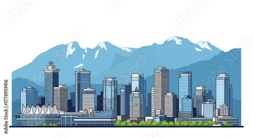 City skyline with mountains buildings and green trees