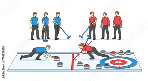 Curling game players sweeping ice to guide stones toward target