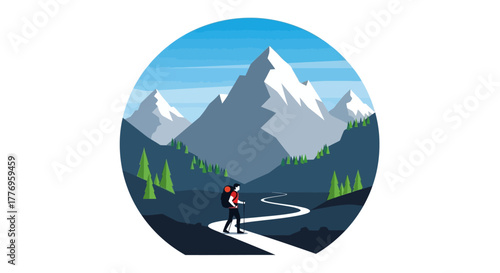 Hiker treks a mountain path in an oval vista of snowy peaks blue skies  green trees