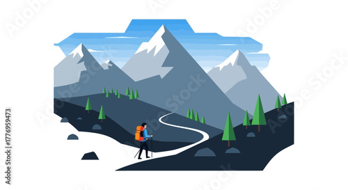 Hiker with orange backpack on winding trail mountains trees blue sky in stylized landscape