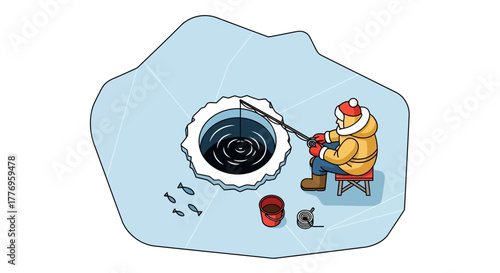 Ice fisherman in winter gear fishes through a hole in ice