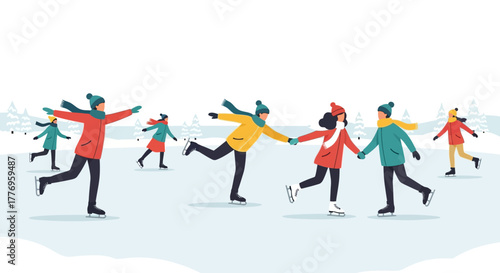 Ice skaters glide on an outdoor rink surrounded by snowy trees on a winter day