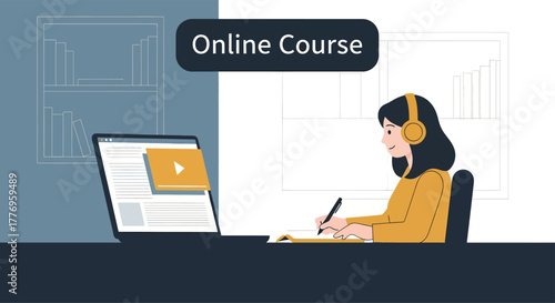 Woman studying online course on laptop at desk in home office, taking notes and wearing headphones, creating a focused and productive atmosphere.