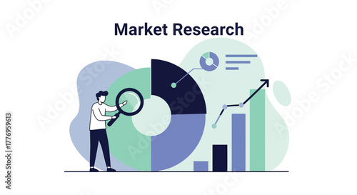 Man analyzes market data with magnifying glass, examining charts and graphs for business insights in a modern office setting, conveying a sense of strategic analysis.