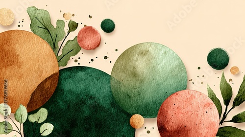 Abstract watercolor painting with spheres and foliage on a beige background.