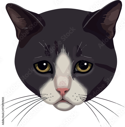 Close Up Of A Sad Tuxedo Cat Face Isolated On White Background