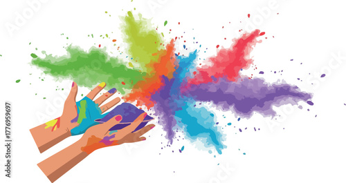 Colorful Holi Festival Powder Explosion Hands Isolated White Background