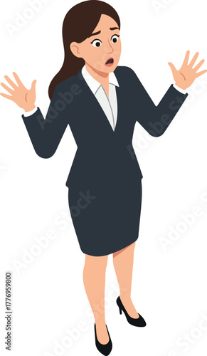 Confused Businesswoman With Hands Up In Dark Suit White Shirt