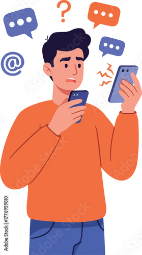 Confused Man Scrolling Mobile Phone Surrounded by Chat Bubbles