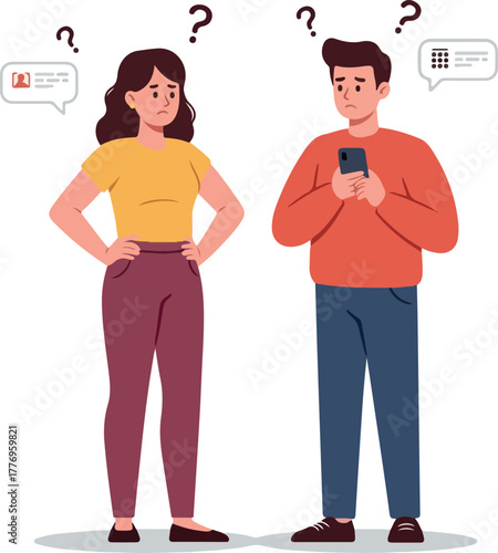 Confused Couple Looking at Phone and Messages Flat Design Vector