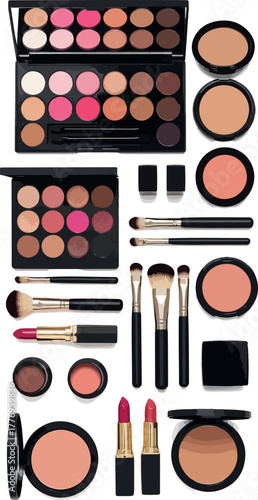 Cosmetic Makeup Collection With Brushes Lipstick Blush And Palettes On White
