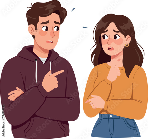 Couple Arguing Points Fingers Worried Faces Isolated on White Flat Design