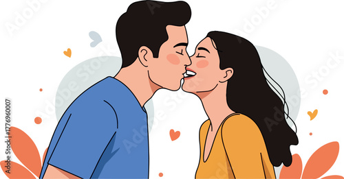 Couple Kissing With Hearts And Leaves White Background Flat Design