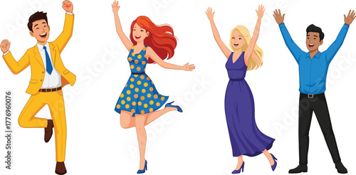 Happy diverse group, jumping people, celebrating success, cheerful friends, joyful moment, energetic pose, fun expression, colorful outfit, animated characters, excitement