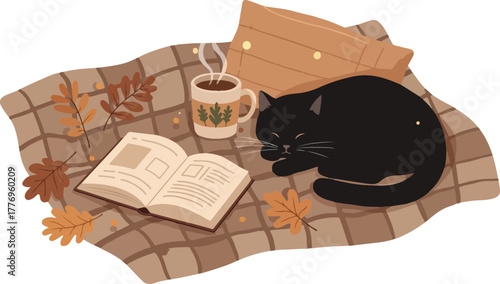 Cozy Black Cat Napping on Plaid Blanket With Book and Autumn Leaves