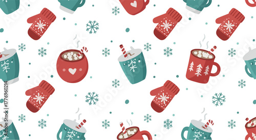 Cozy Pixel Art Christmas Pattern Red Mittens Teal Mugs Hot Chocolate Snowflakes