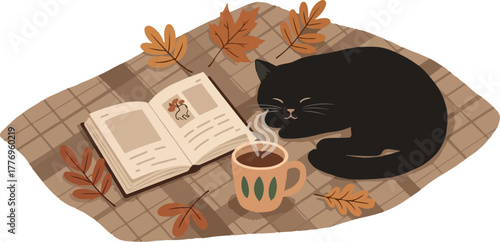 Cozy Pixel Art Autumn Scene Black Cat Sleeping Beside Book and Coffee