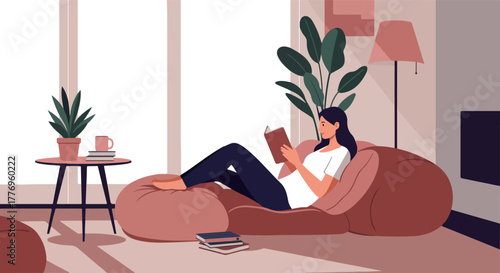 Cozy Pixel Art Woman Reading Book Relaxing on Bean Bag Chair in Warm Living Room