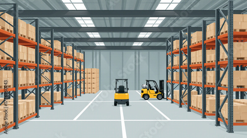 Modern warehouse interior with forklifts and pallet racks