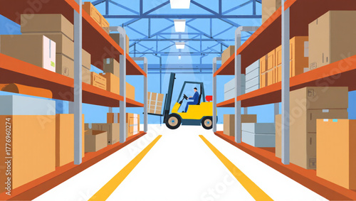Forklift operating in a brightly lit warehouse aisle filled with shelves of boxes