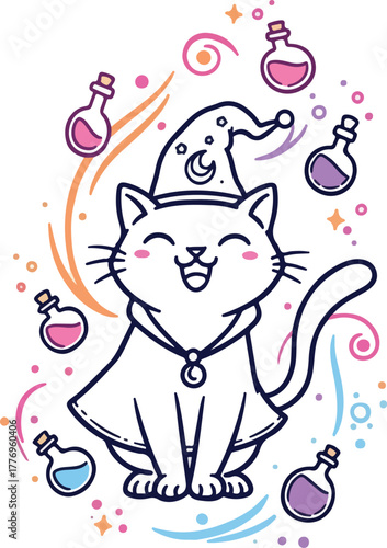 Cute Cat Wizard With Magic Potions And Swirls White Background