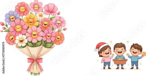 Happy cartoon children celebrating with festive bouquet of smiling flowers, cheerful faces, holiday joy, cute illustration, colorful design, fun