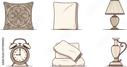 Hand drawn household items, decorative pillow, folded blanket, vintage alarm clock, ornate vase, cozy interior, stylized home decor illustration