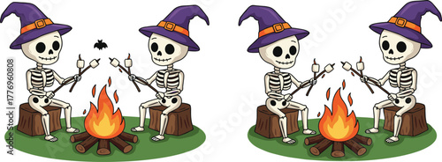 Halloween skeletons roasting marshmallows, witch hats, spooky campfire scene, cartoon style, autumn night, bat flying, festive illustration, fun Halloween activity