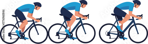 Cyclist in Blue Riding Racing Bicycle Minimal Flat Design Isolated