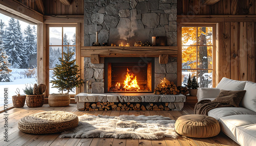 Cozy living room with a stone fireplace burning brightly, a small Christmas tree, and snowy winter scenery visible through large windows.