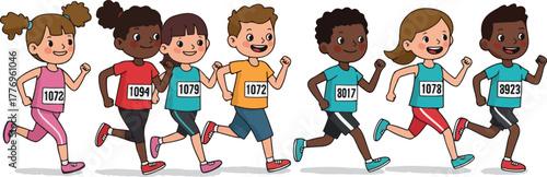 Diverse Children Running Race Flat Design Colorful Kids Sport Activity