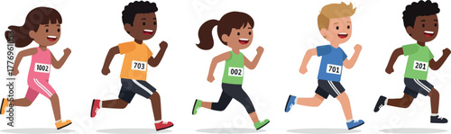 Diverse Children Running Race Flat Design Isolated Objects Illustration