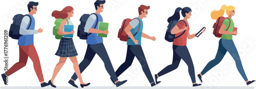 Diverse Group Walking With Backpacks Minimalist Pixel Art Style